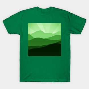 Layers of Mountain Peaks and Sun in Green T-Shirt